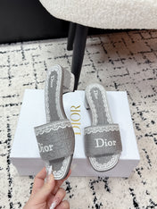 DIOR 26S HIGH HEEL SLIDES IN GREY EMBOSSED OBLIQUE LACE EMBROIDERY