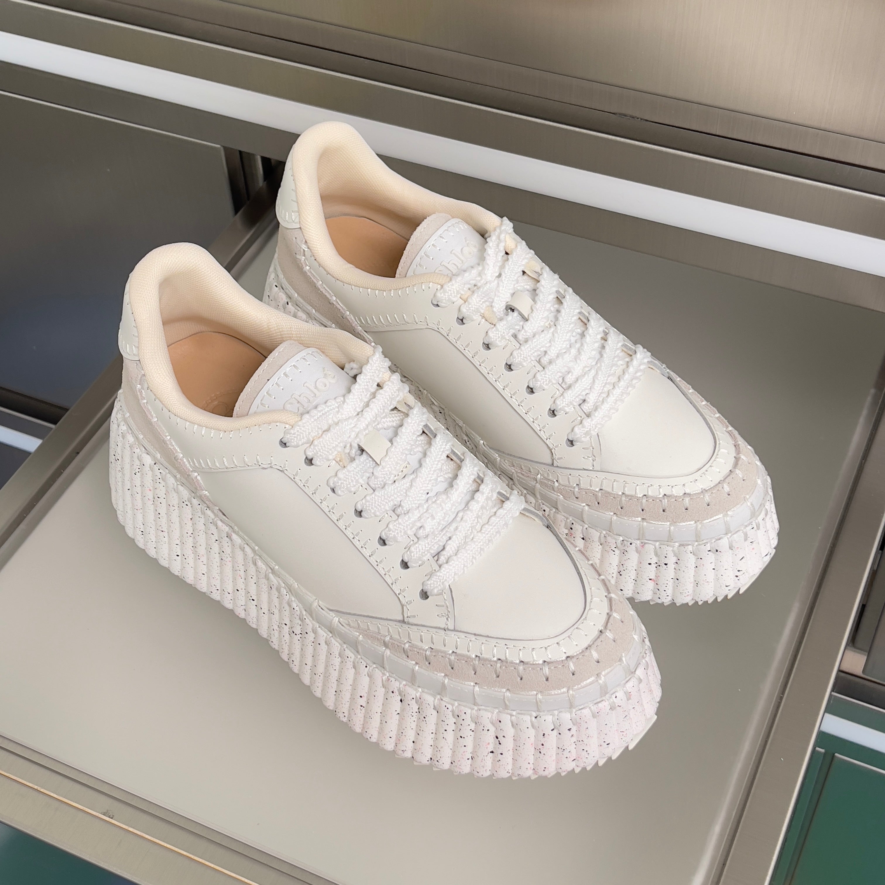CHLOÉ 26S WEDGE SNEAKERS 70 MM IN WHITE CALFSKIN