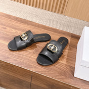 DIOR 26S WIDE STRAP SLIDE SANDALS IN BLACK CALFSKIN PEARL GOLD BUCKLE