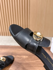 DIOR 26S WIDE STRAP SLIDE SANDALS IN BLACK CALFSKIN PEARL GOLD BUCKLE