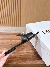 DIOR 26S WIDE STRAP SLIDE SANDALS IN BLACK CALFSKIN PEARL GOLD BUCKLE