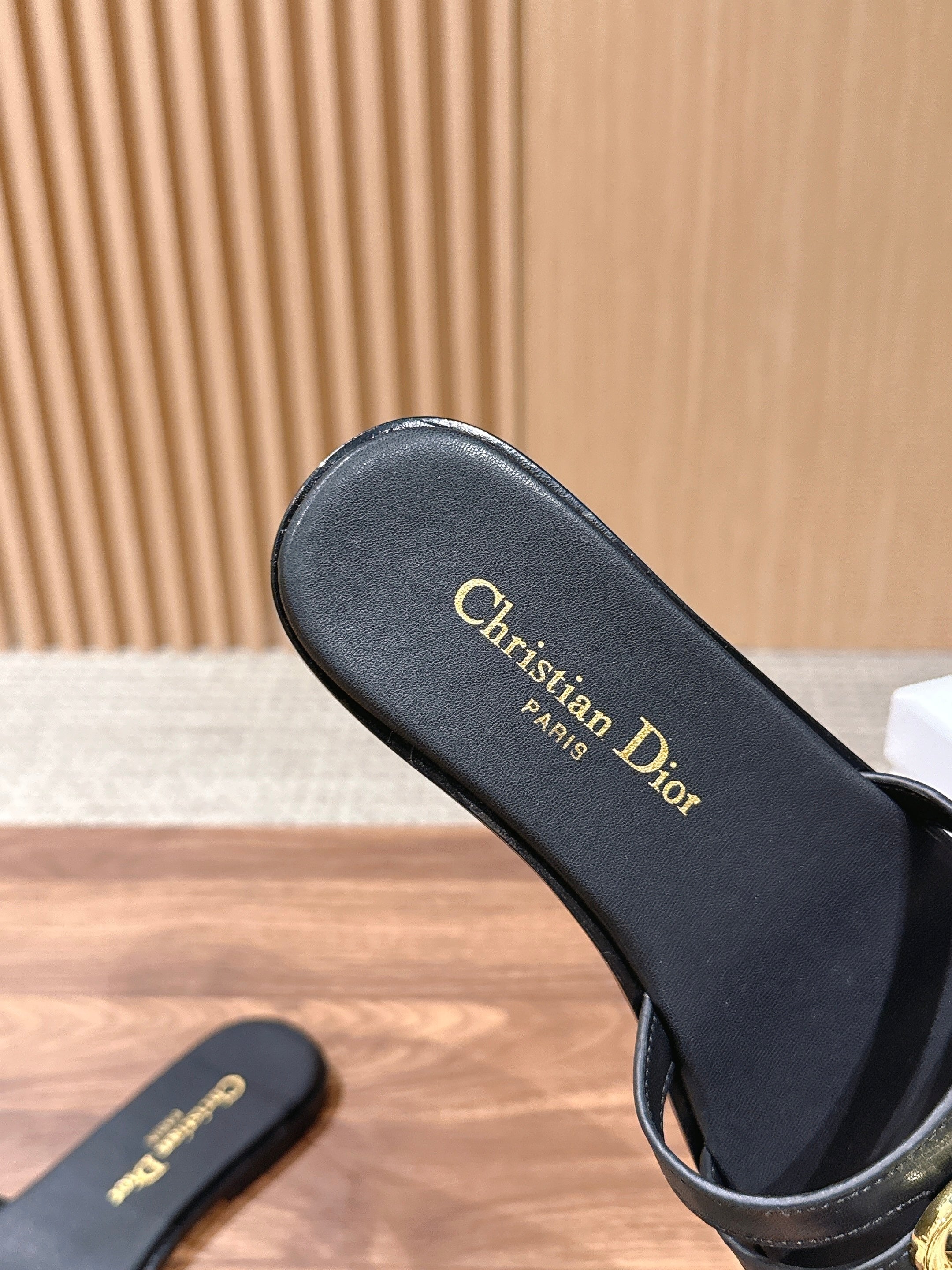 DIOR 26S MULTI STRAP SLIDE SANDALS IN BLACK CALFSKIN GOLD BUCKLE