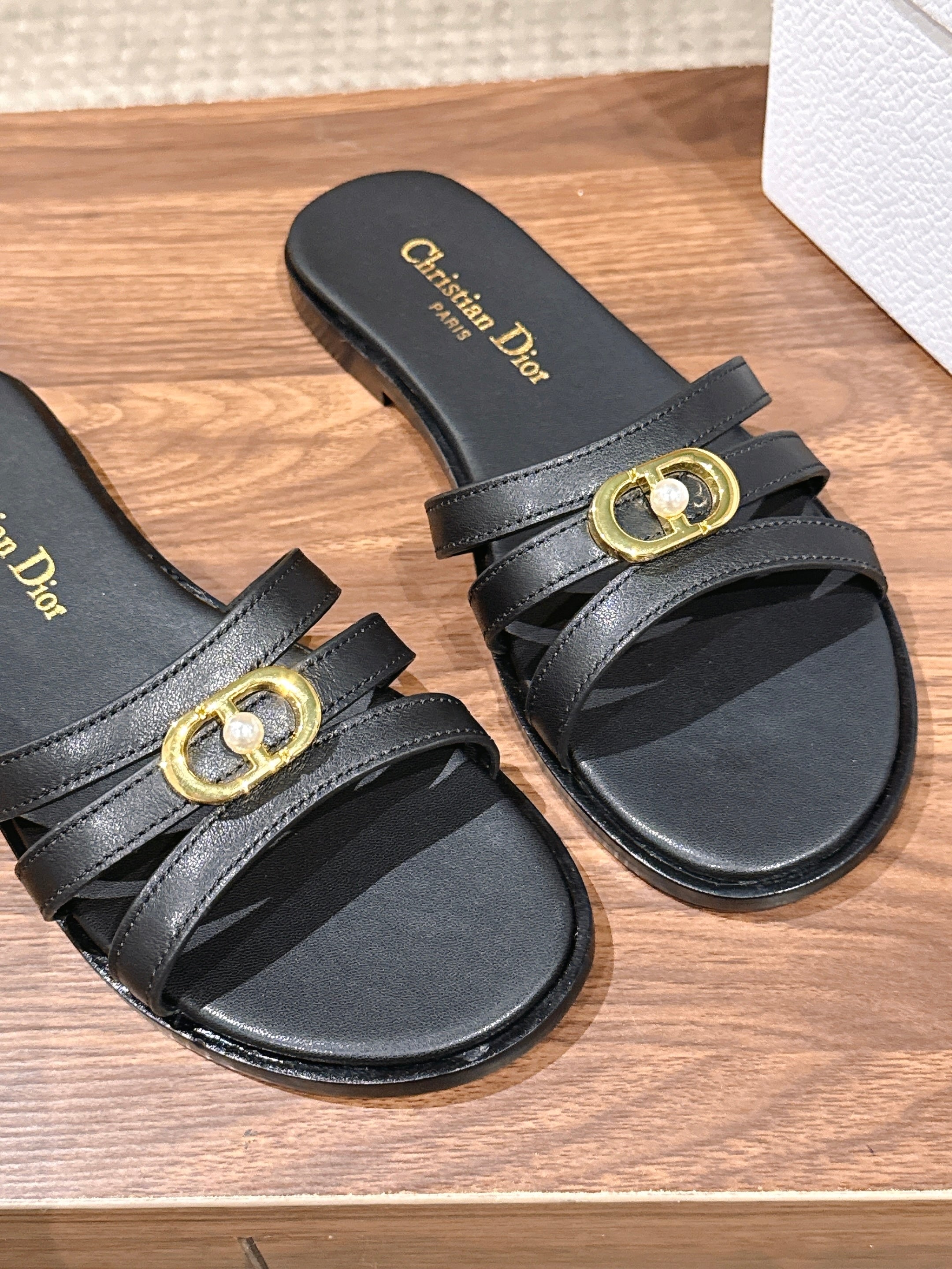 DIOR 26S MULTI STRAP SLIDE SANDALS IN BLACK CALFSKIN GOLD BUCKLE