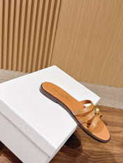 DIOR 26S MULTI STRAP SLIDE SANDALS IN CARAMEL BROWN CALFSKIN GOLD BUCKLE