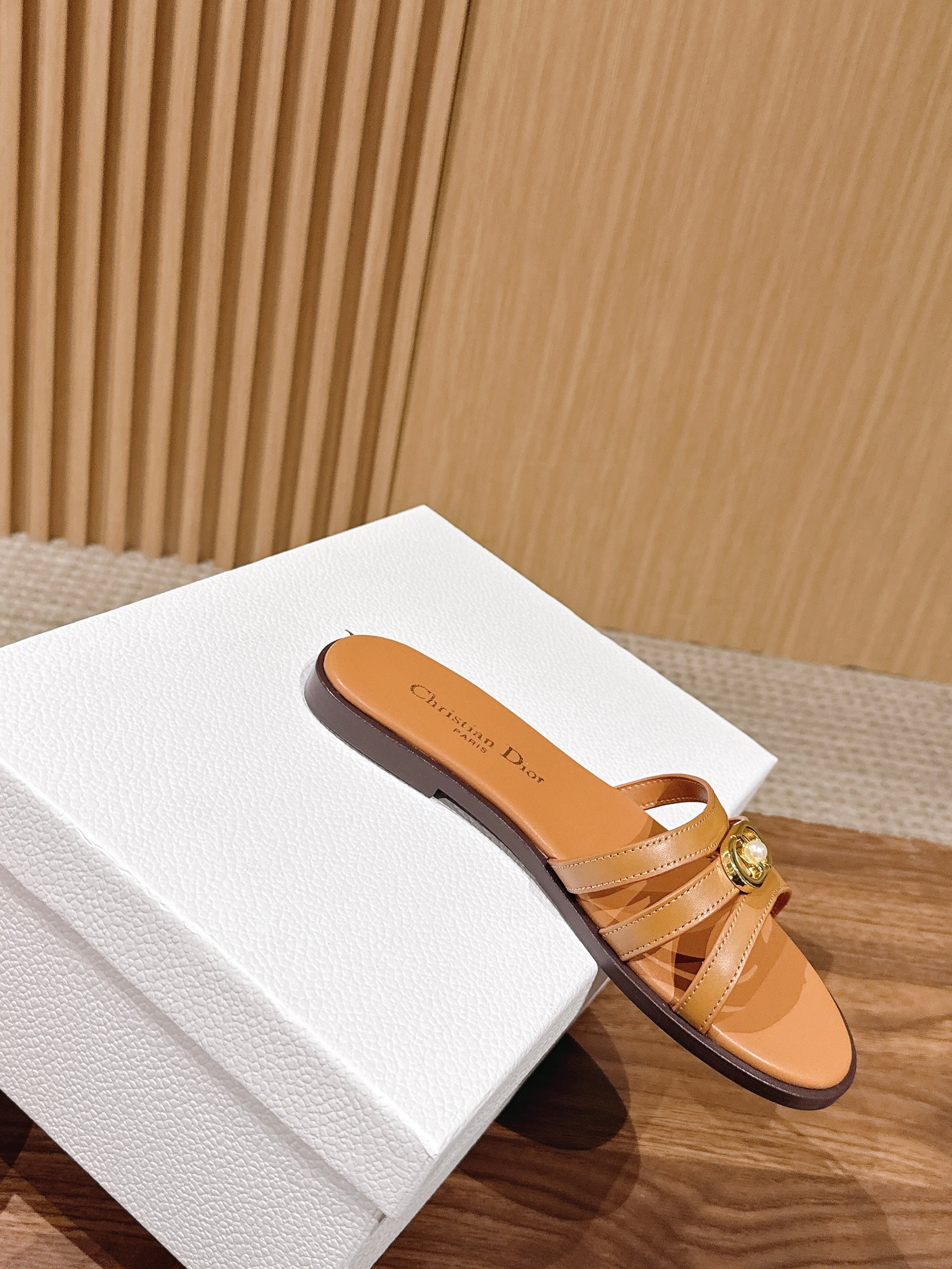 DIOR 26S MULTI STRAP SLIDE SANDALS IN CARAMEL BROWN CALFSKIN GOLD BUCKLE