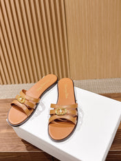 DIOR 26S MULTI STRAP SLIDE SANDALS IN CARAMEL BROWN CALFSKIN GOLD BUCKLE