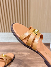 DIOR 26S MULTI STRAP SLIDE SANDALS IN CARAMEL BROWN CALFSKIN GOLD BUCKLE