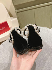 BALLERINAS MARY JANE IN BLACK SUEDE WITH PEARL TRIM