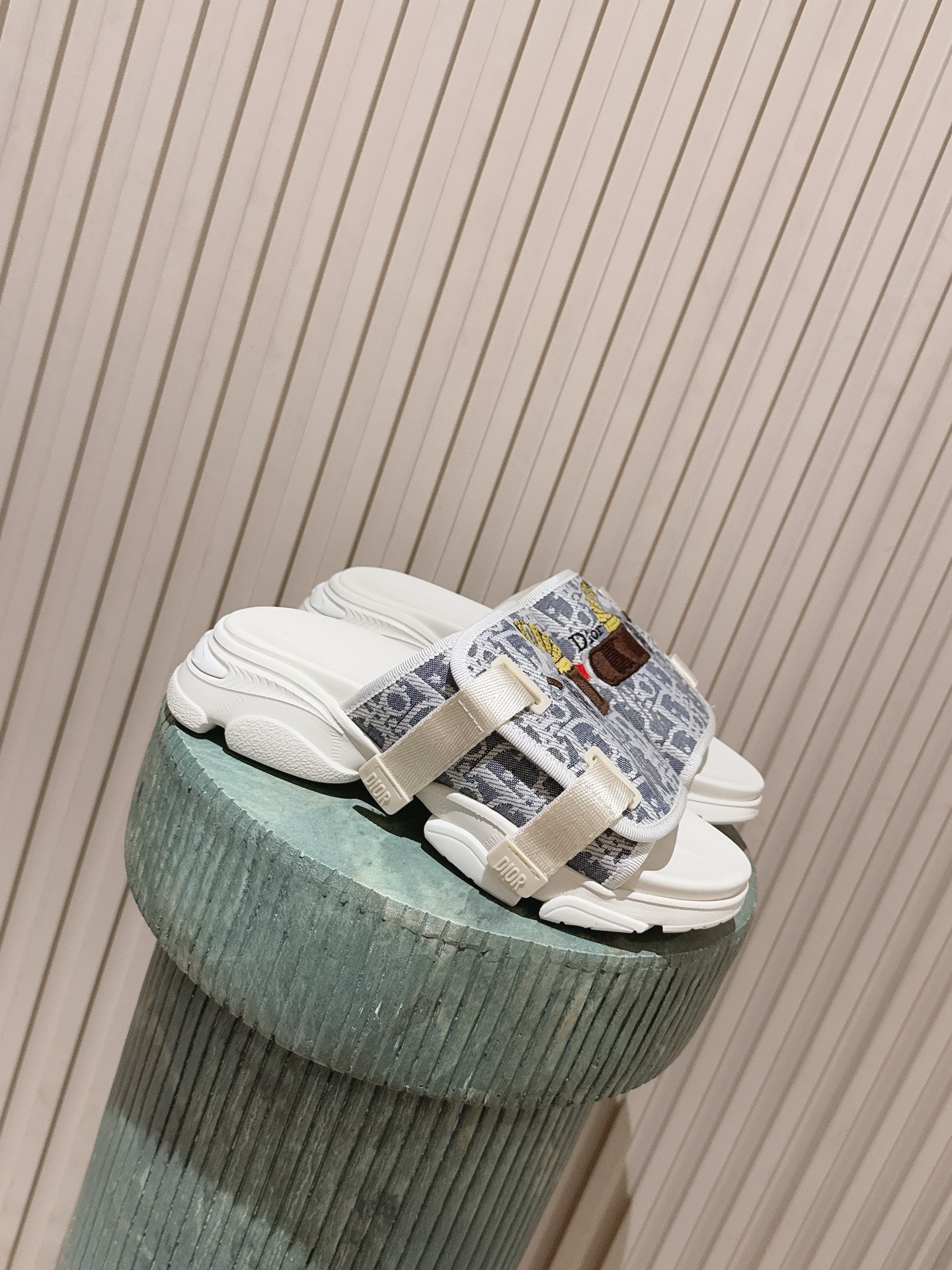 DIOR 26S DOUBLE STRAP SLIDE SANDALS IN LIGHT GREY MONOGRAM CANVAS