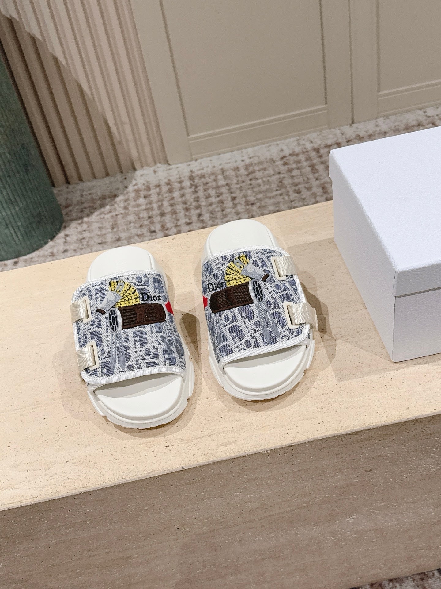 DIOR 26S DOUBLE STRAP SLIDE SANDALS IN LIGHT GREY MONOGRAM CANVAS