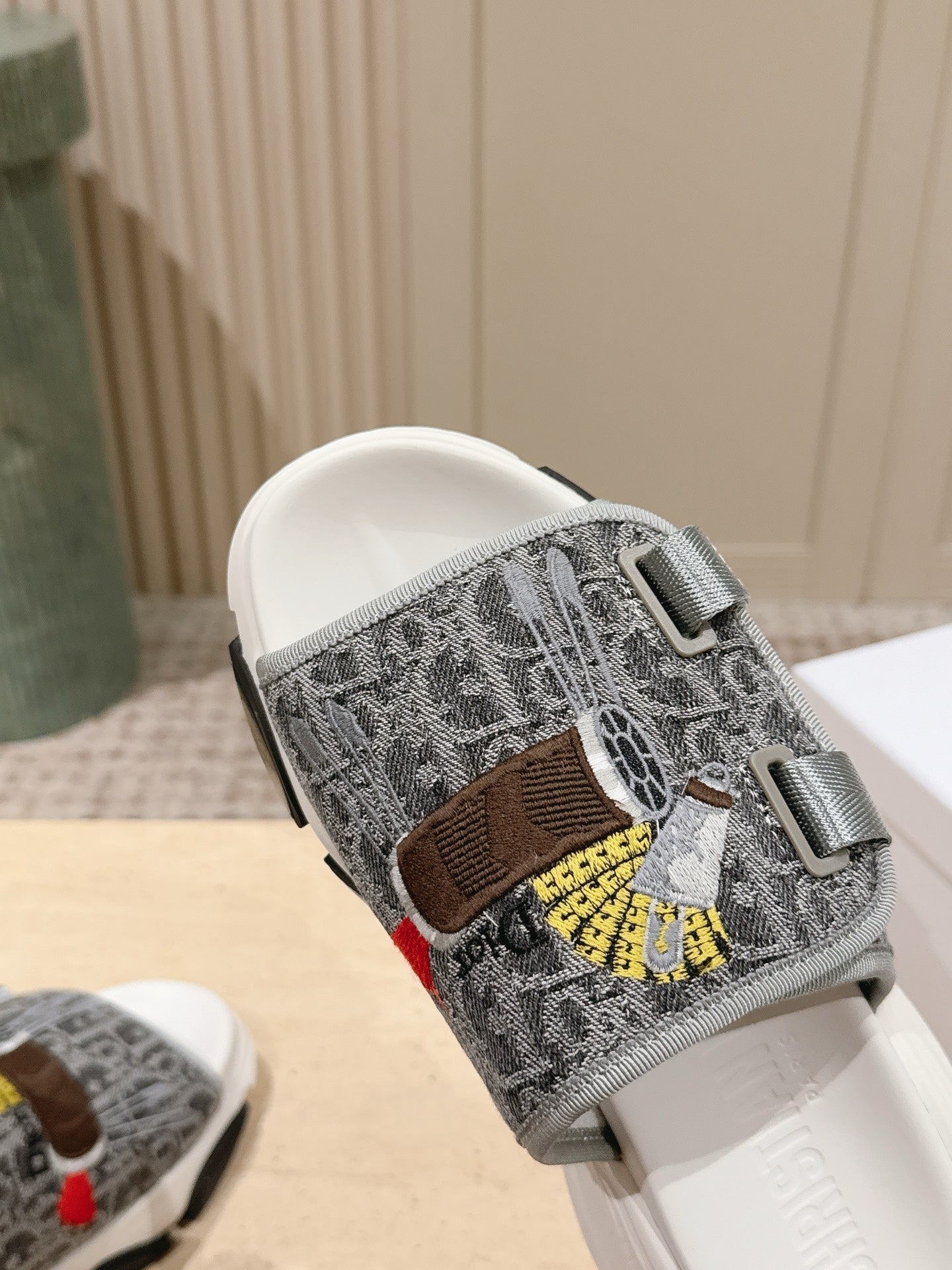 DIOR 26S DOUBLE STRAP SLIDE SANDALS IN GREY MONOGRAM CANVAS