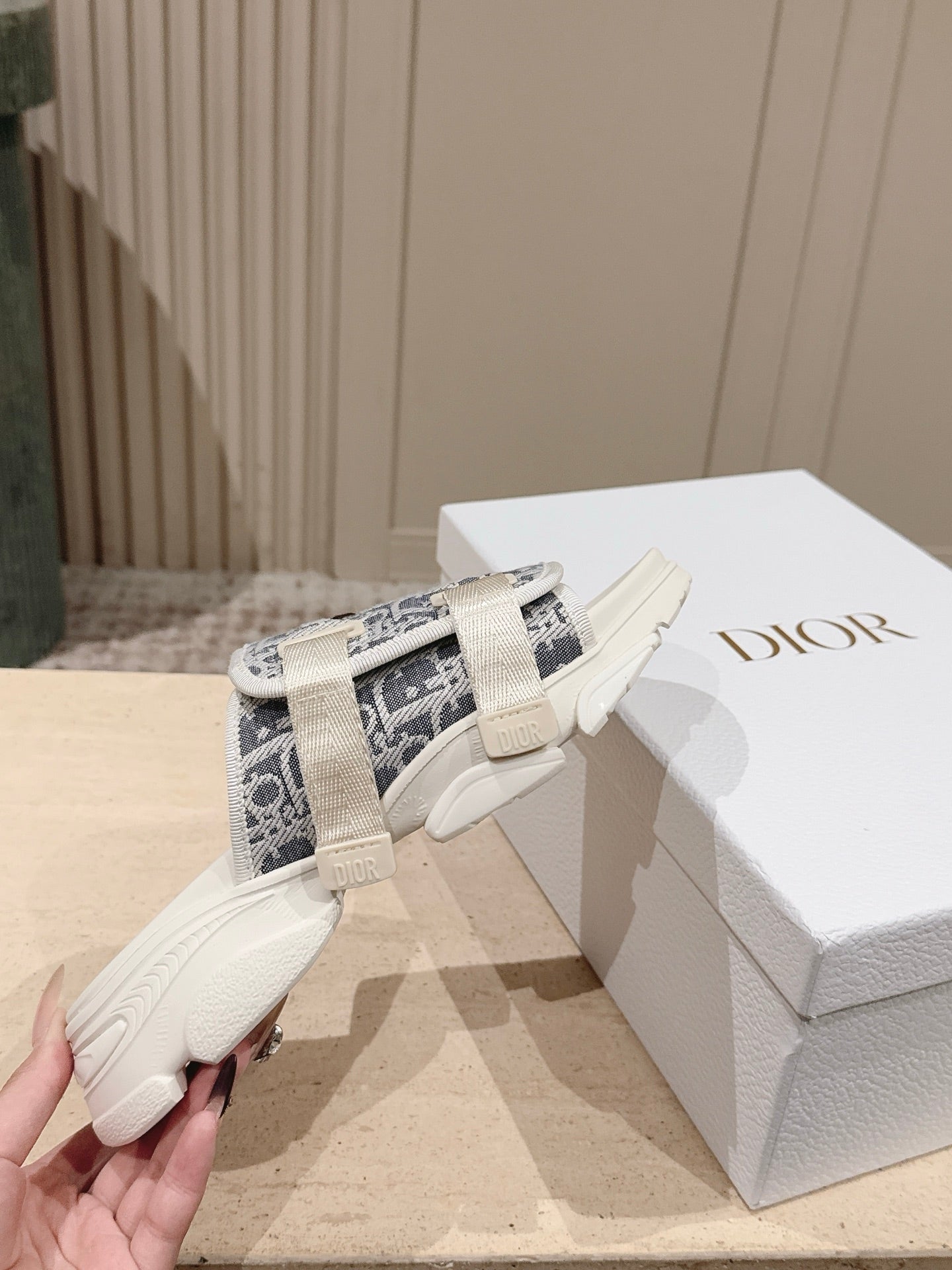 DIOR 26S DOUBLE STRAP SLIDE SANDALS IN LIGHT GREY MONOGRAM CANVAS