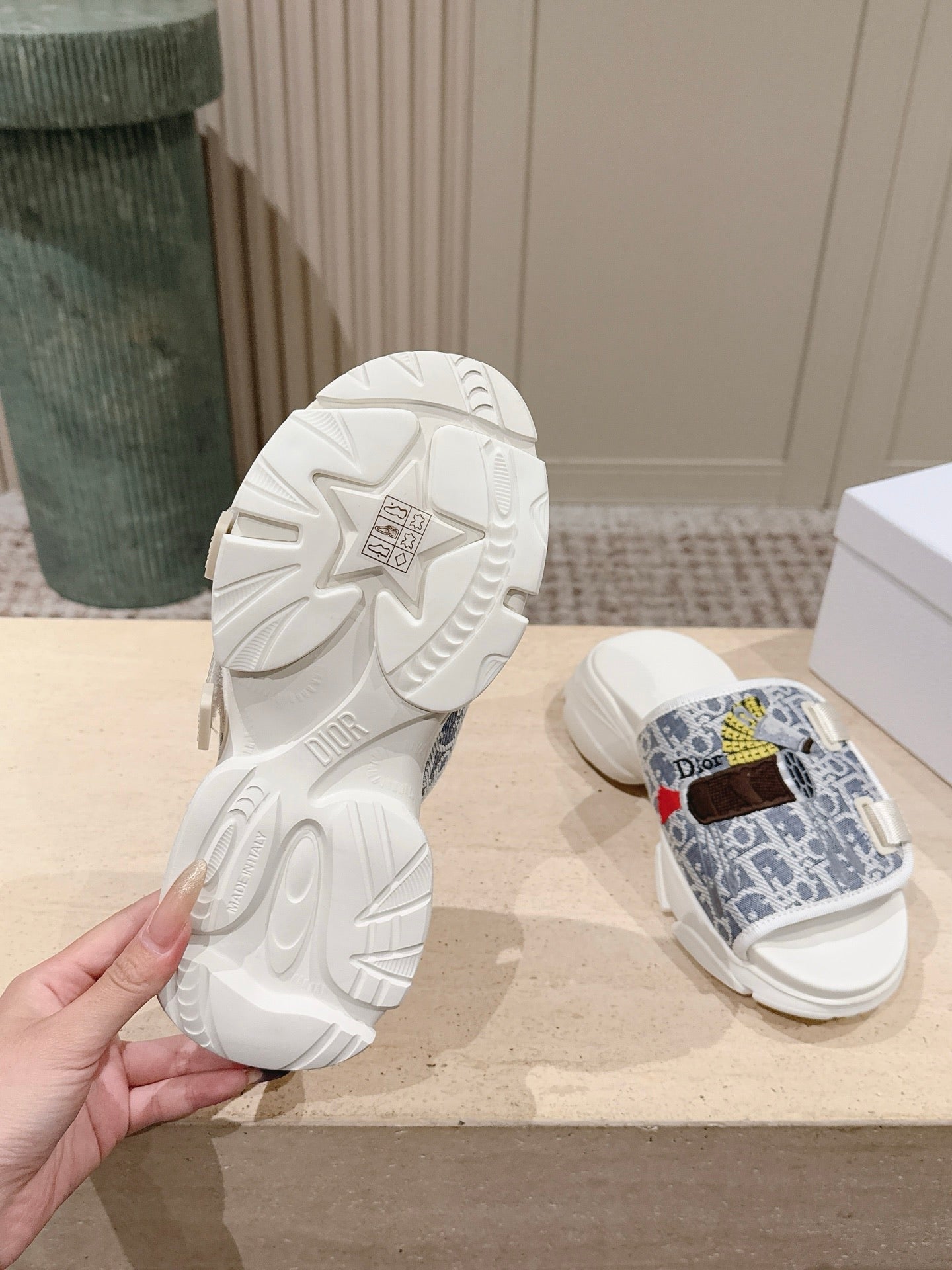 DIOR 26S DOUBLE STRAP SLIDE SANDALS IN LIGHT GREY MONOGRAM CANVAS