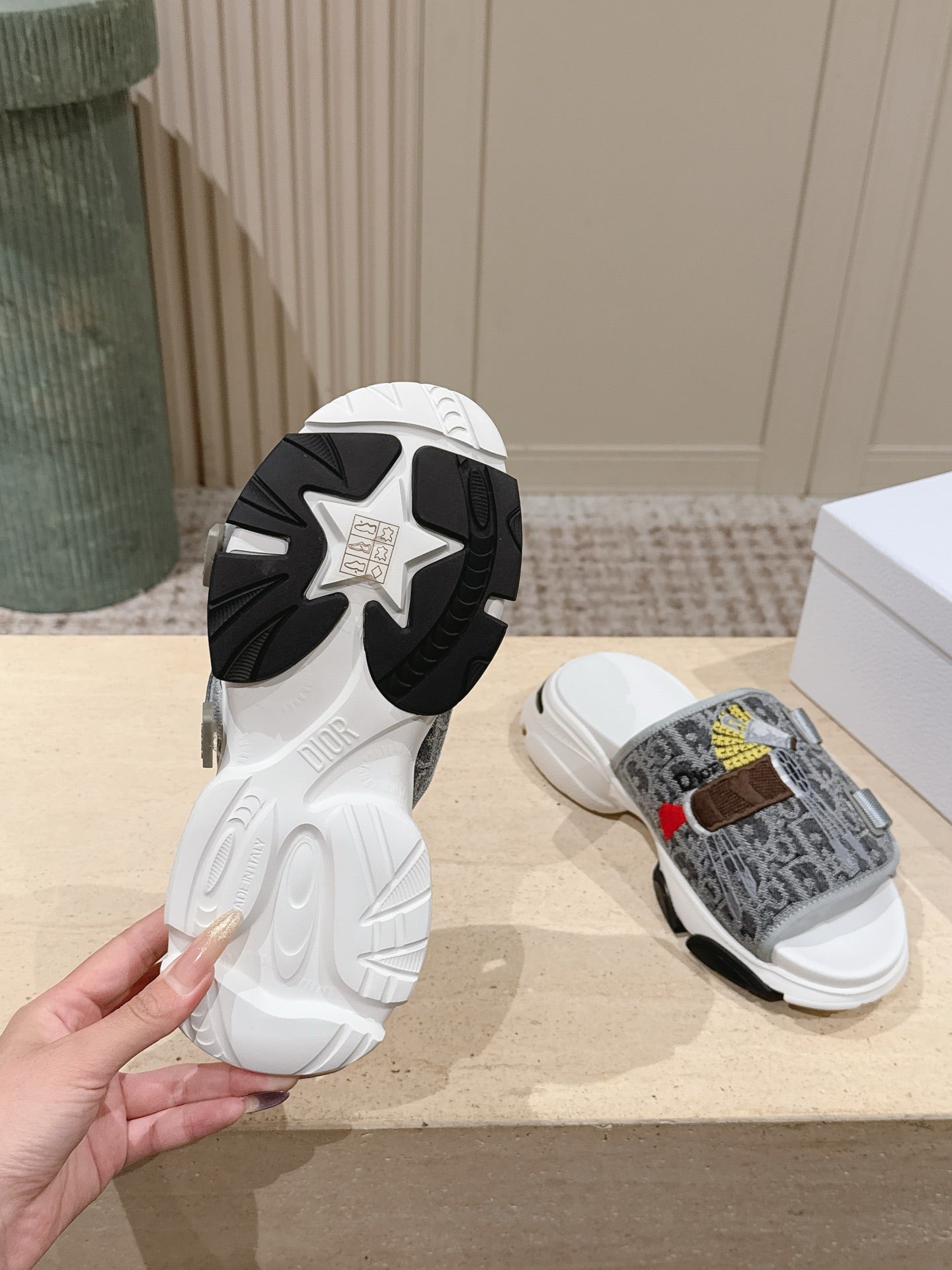 DIOR 26S DOUBLE STRAP SLIDE SANDALS IN GREY MONOGRAM CANVAS