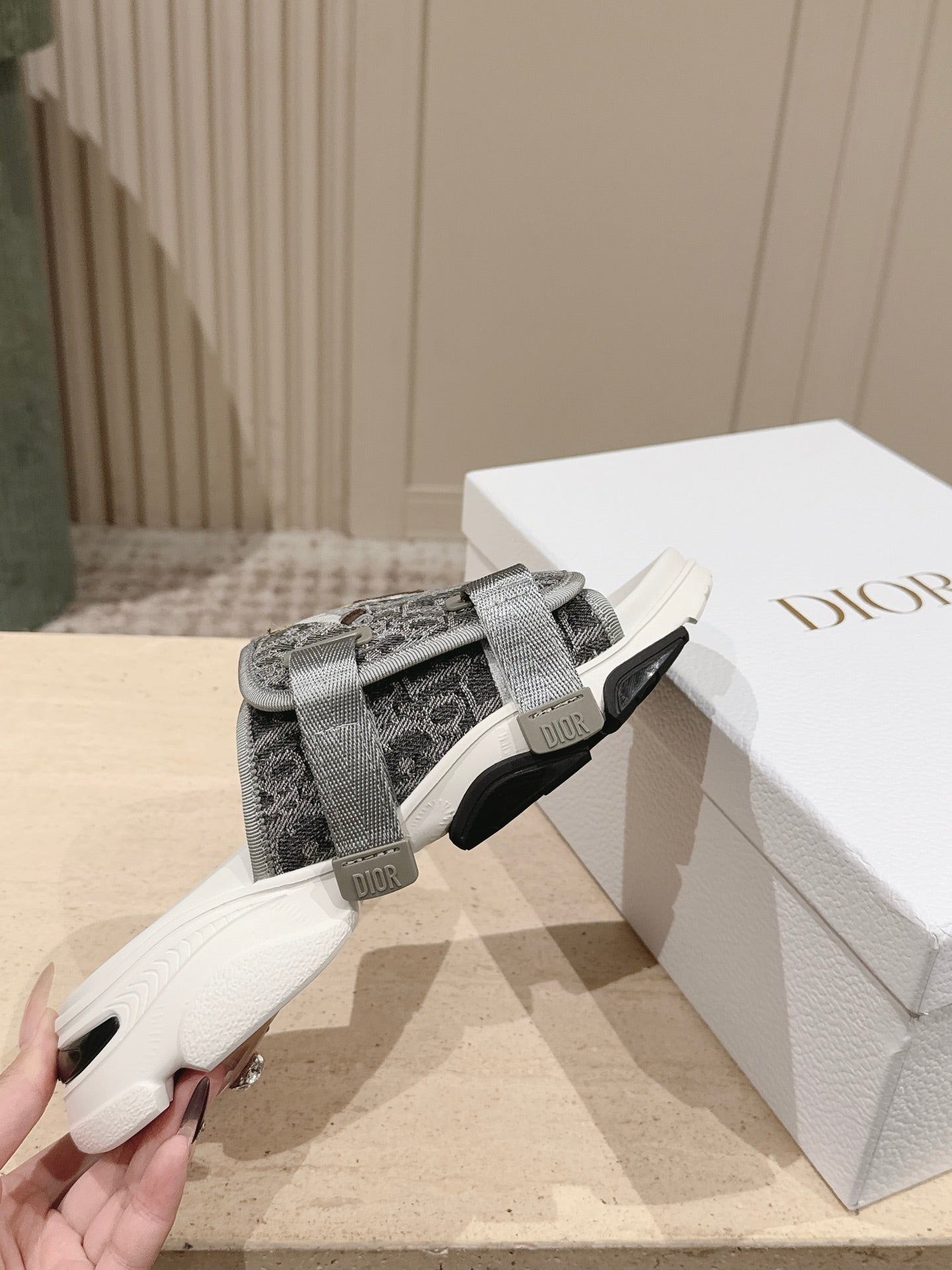 DIOR 26S DOUBLE STRAP SLIDE SANDALS IN GREY MONOGRAM CANVAS