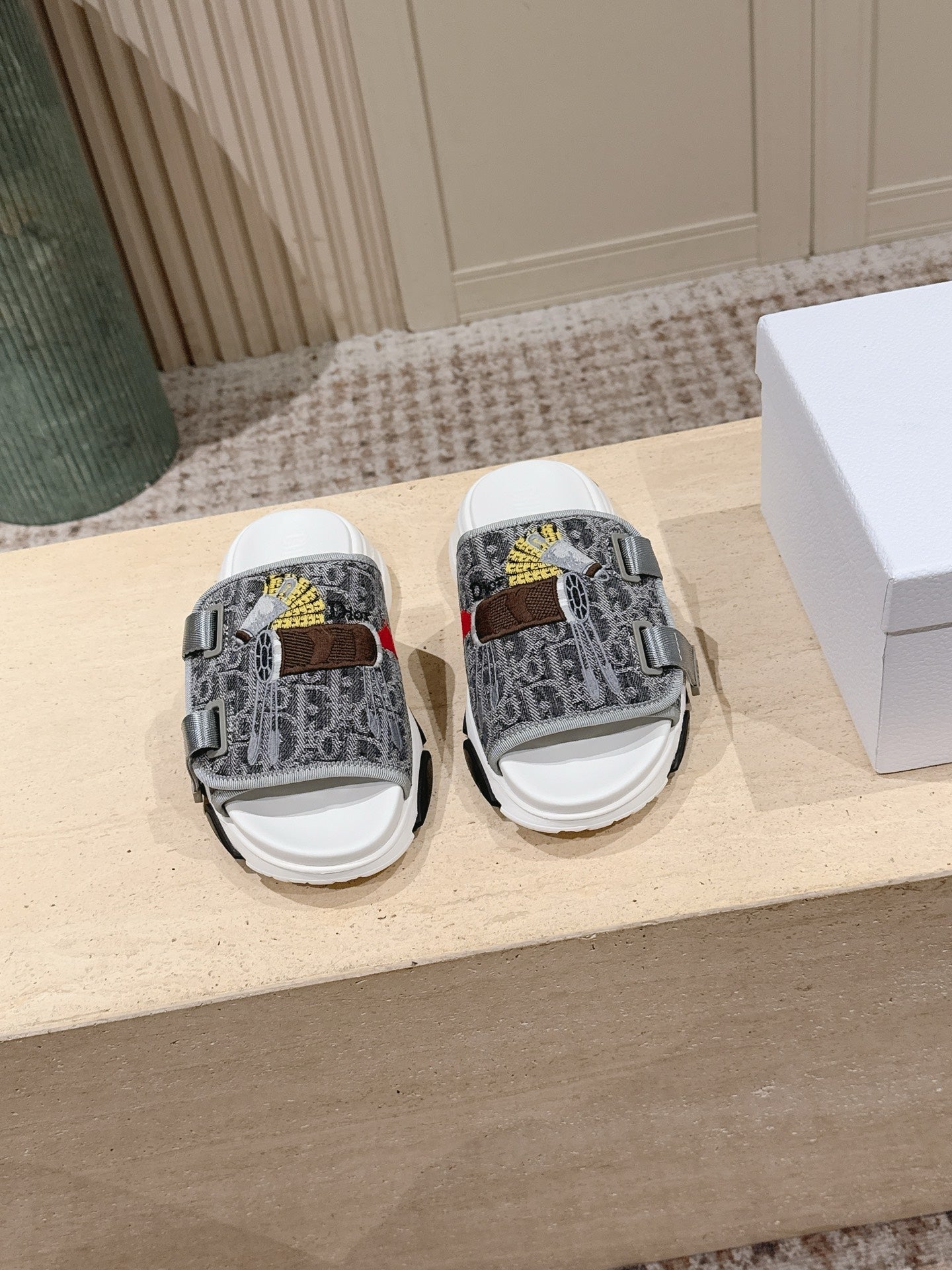 DIOR 26S DOUBLE STRAP SLIDE SANDALS IN GREY MONOGRAM CANVAS