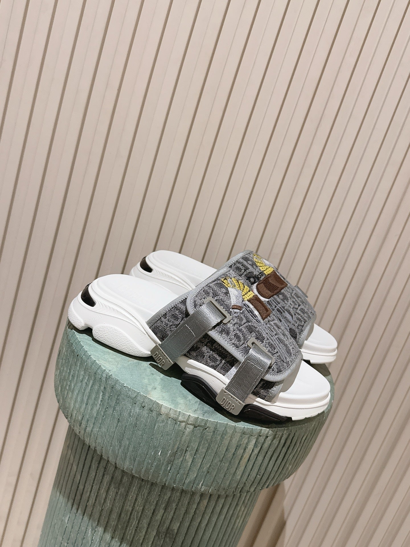 DIOR 26S DOUBLE STRAP SLIDE SANDALS IN GREY MONOGRAM CANVAS