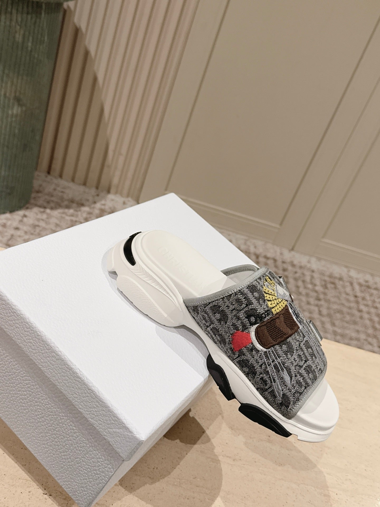 DIOR 26S DOUBLE STRAP SLIDE SANDALS IN GREY MONOGRAM CANVAS