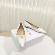 DIOR POINTED BALLET FLATS 25S IN WHITE CALFSKIN WITH GOLD HARDWARE