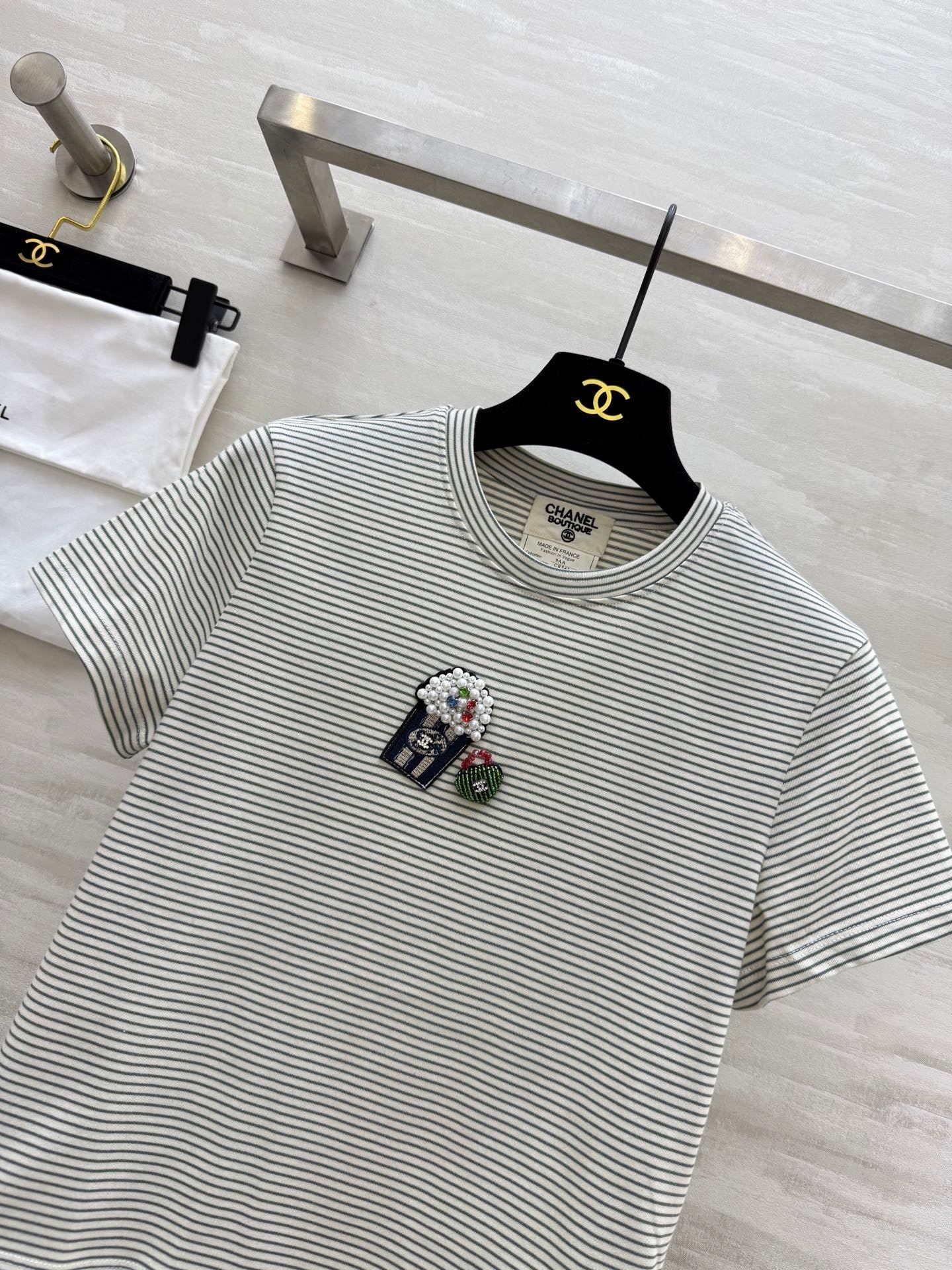 CC Beaded T-shirt Gray White Cotton