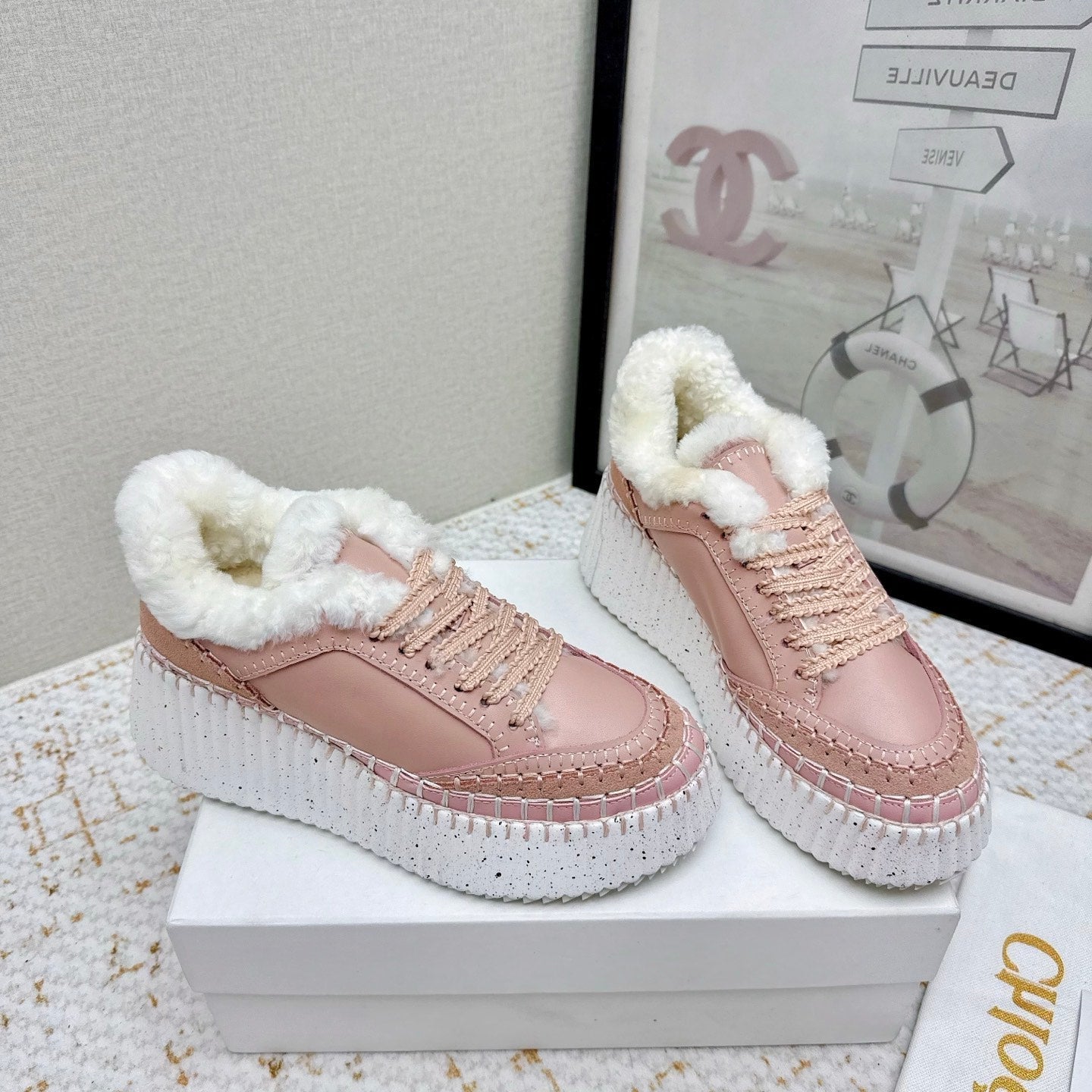 CHLOÉ 26S WEDGE SOLE SNEAKERS IN LIGHT PINK CALFSKIN