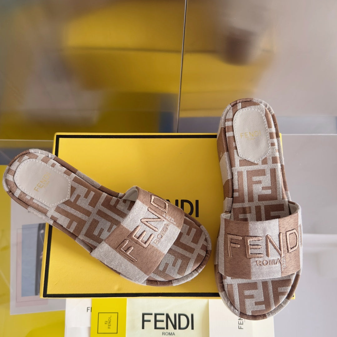 FF Sunshine 65 Light Brown Grey Canvas Flatform Slide