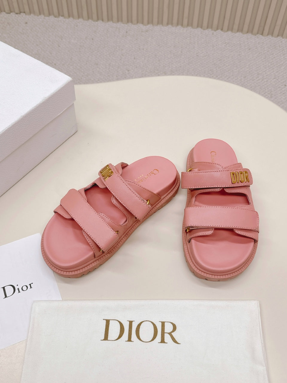 DIOR CLASSIC DOUBLE-STRAP SLIDES 25S IN PEACHY PINK CALFSKIN