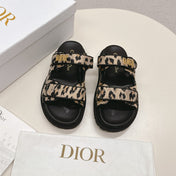 DIOR CLASSIC DOUBLE-STRAP SLIDES 25S IN BROWN MIX BLACK FABRIC AND CALFSKIN WITH LEOPARD PRINT