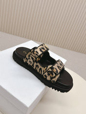 DIOR CLASSIC DOUBLE-STRAP SLIDES 25S IN BROWN MIX BLACK FABRIC AND CALFSKIN WITH LEOPARD PRINT