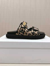 DIOR CLASSIC DOUBLE-STRAP SLIDES 25S IN BROWN MIX BLACK FABRIC AND CALFSKIN WITH LEOPARD PRINT