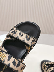 DIOR CLASSIC DOUBLE-STRAP SLIDES 25S IN BROWN MIX BLACK FABRIC AND CALFSKIN WITH LEOPARD PRINT