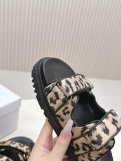 DIOR CLASSIC DOUBLE-STRAP SLIDES 25S IN BROWN MIX BLACK FABRIC AND CALFSKIN WITH LEOPARD PRINT