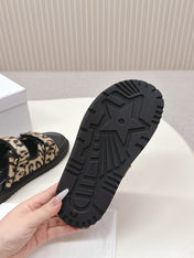 DIOR CLASSIC DOUBLE-STRAP SLIDES 25S IN BROWN MIX BLACK FABRIC AND CALFSKIN WITH LEOPARD PRINT