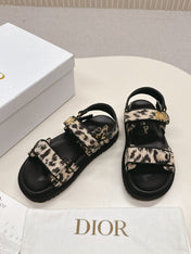 DIOR BACK-STRAP SANDALS 25S IN BLACK MIX LEOPARD PRINT FABRIC AND CALFSKIN WITH GOLD HARDWARE