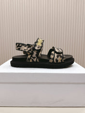 DIOR BACK-STRAP SANDALS 25S IN BLACK MIX LEOPARD PRINT FABRIC AND CALFSKIN WITH GOLD HARDWARE