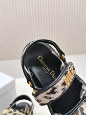 DIOR BACK-STRAP SANDALS 25S IN BLACK MIX LEOPARD PRINT FABRIC AND CALFSKIN WITH GOLD HARDWARE