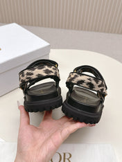 DIOR BACK-STRAP SANDALS 25S IN BLACK MIX LEOPARD PRINT FABRIC AND CALFSKIN WITH GOLD HARDWARE