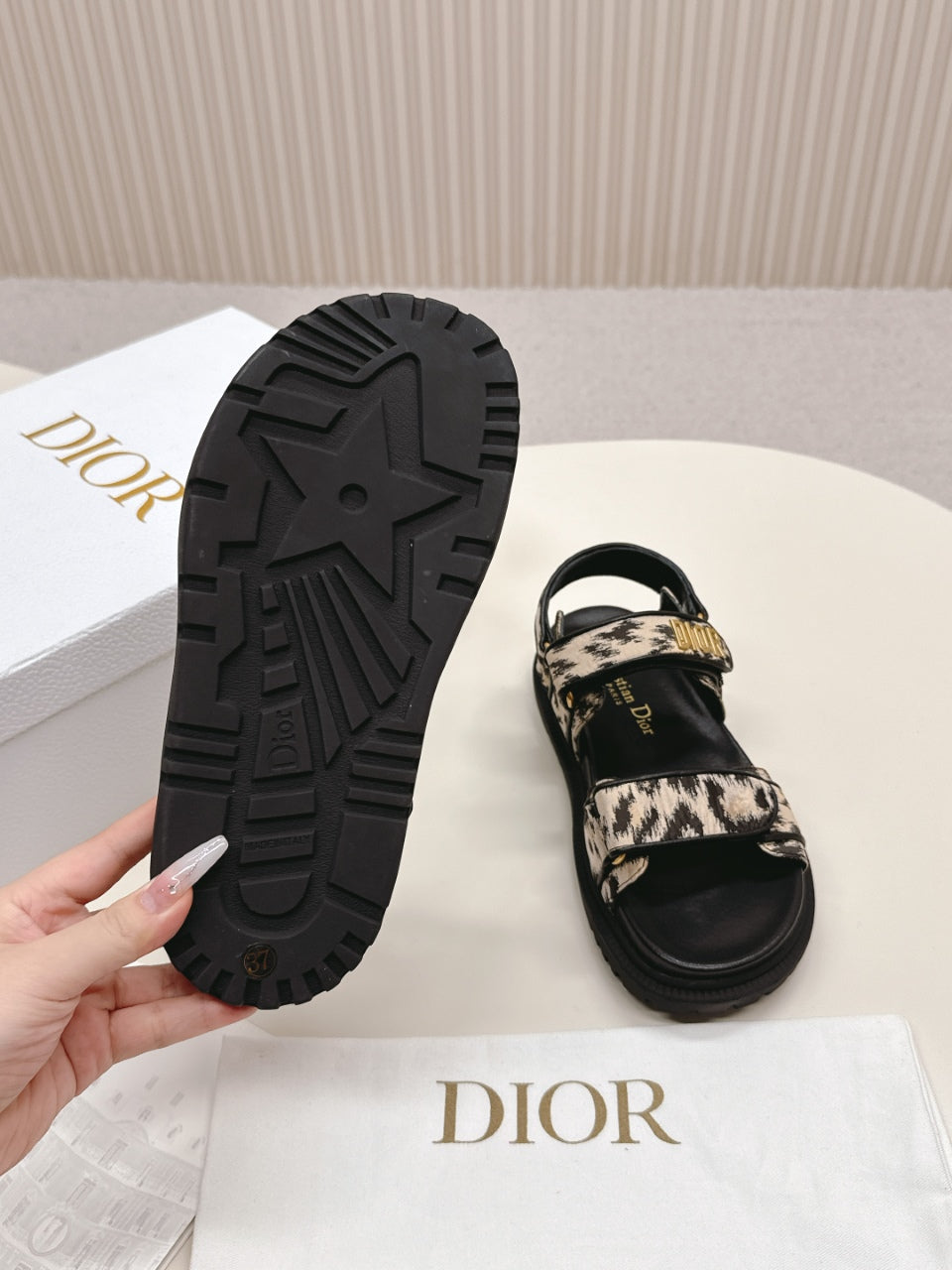 DIOR BACK-STRAP SANDALS 25S IN BLACK MIX LEOPARD PRINT FABRIC AND CALFSKIN WITH GOLD HARDWARE