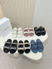 DIOR CLASSIC DOUBLE-STRAP SLIDES 25S IN SOFT ROSE BEIGE TWEED AND BLACK CALFSKIN