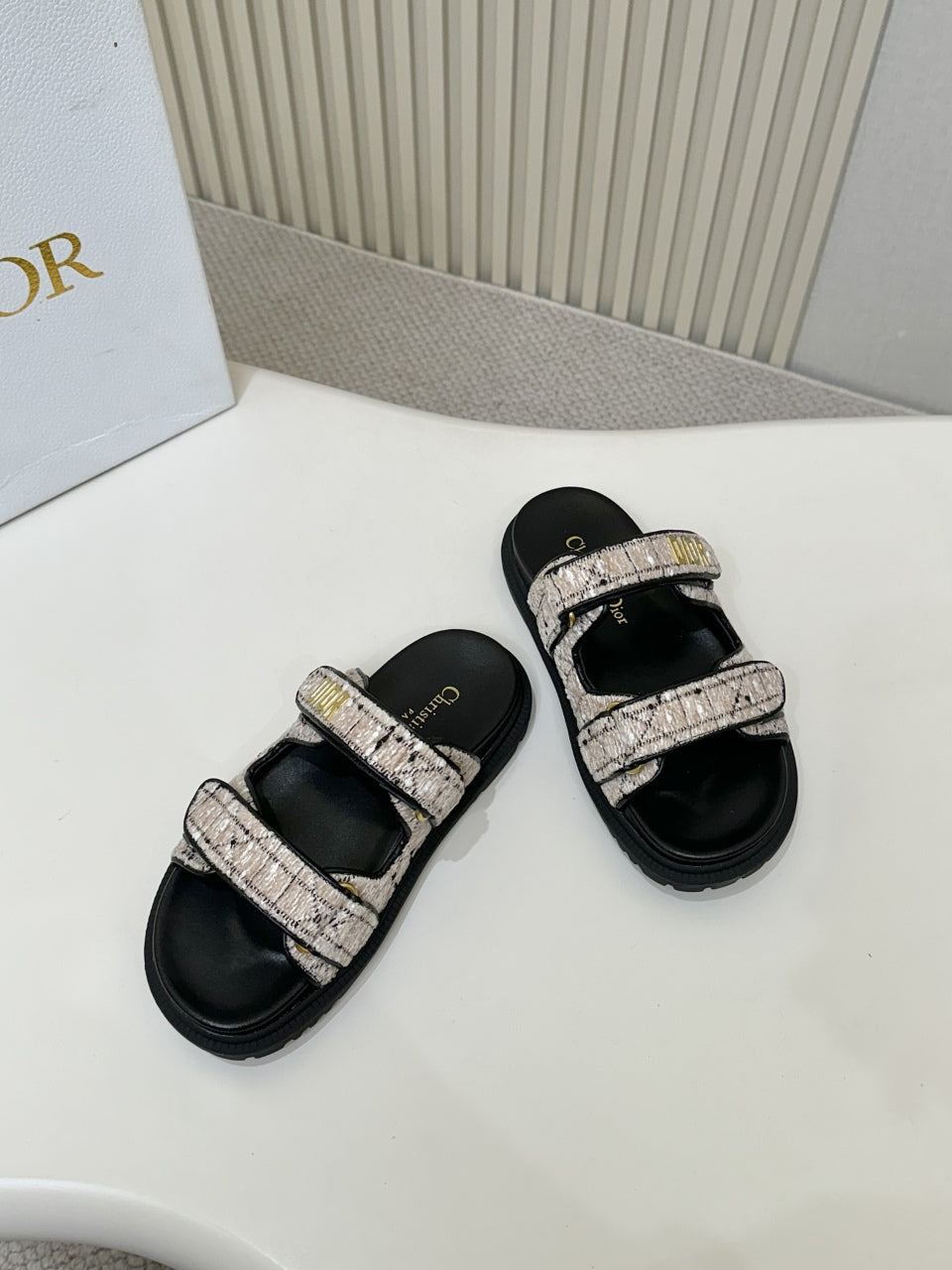 DIOR CLASSIC DOUBLE-STRAP SLIDES 25S IN SOFT ROSE BEIGE TWEED AND BLACK CALFSKIN
