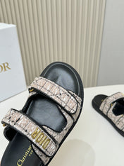 DIOR CLASSIC DOUBLE-STRAP SLIDES 25S IN SOFT ROSE BEIGE TWEED AND BLACK CALFSKIN