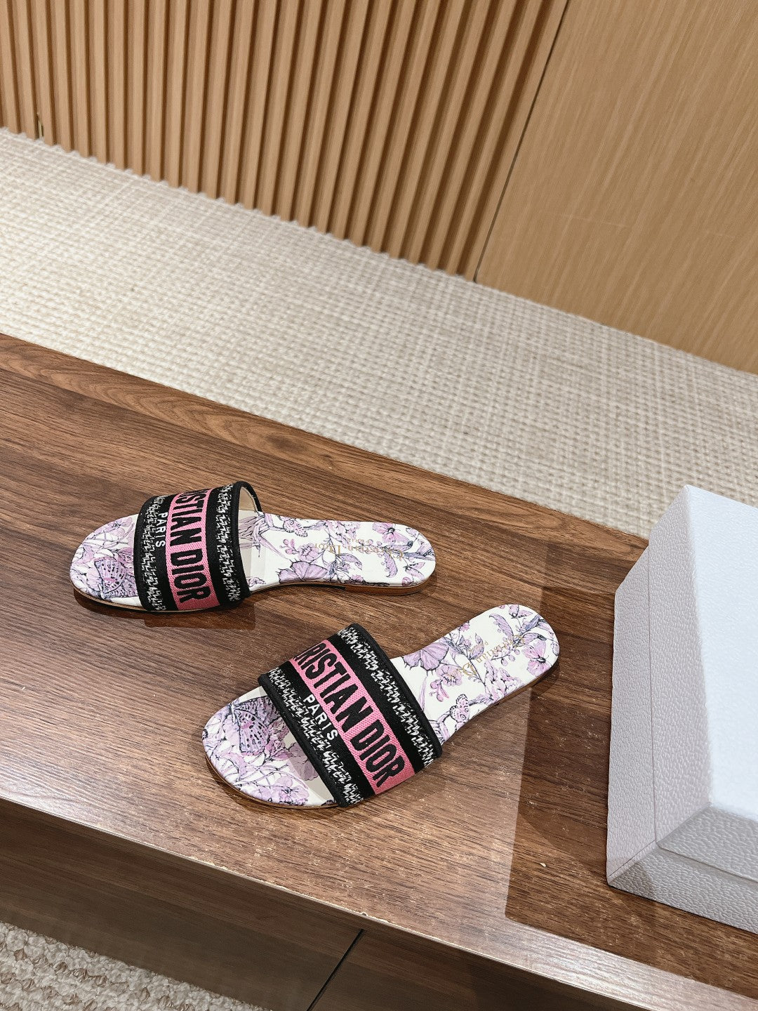 DIOR 26S SLIDE SANDALS IN PINK FLORAL PRINT LOGO STRAP