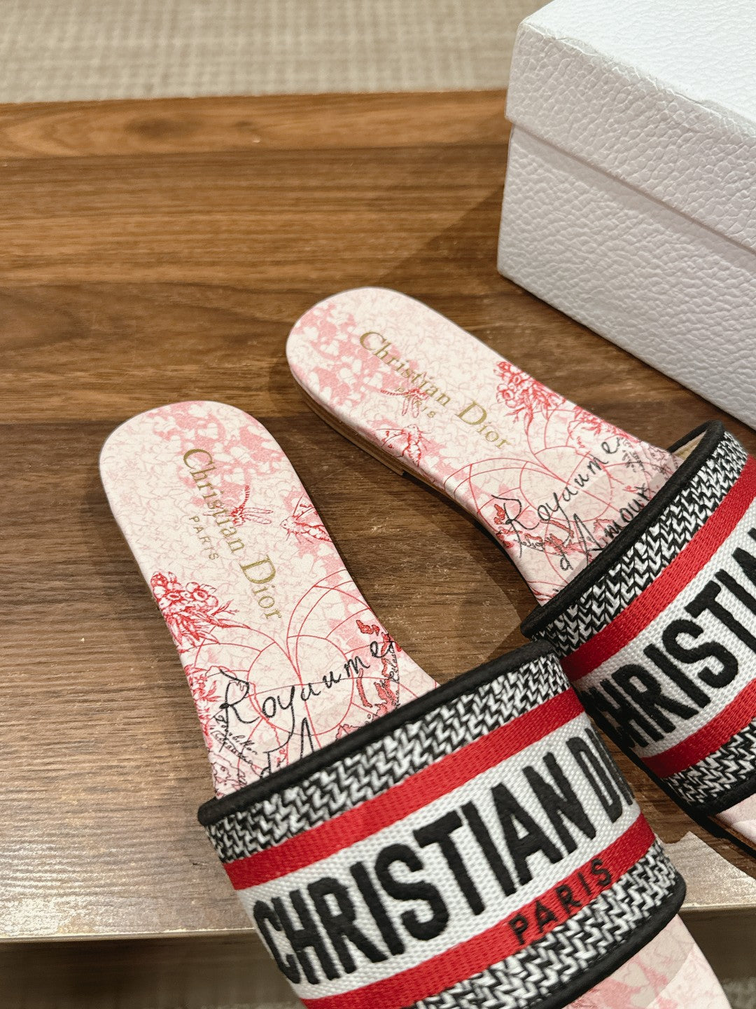 DIOR 26S SLIDE SANDALS IN RED TOILE PRINT LOGO STRAP