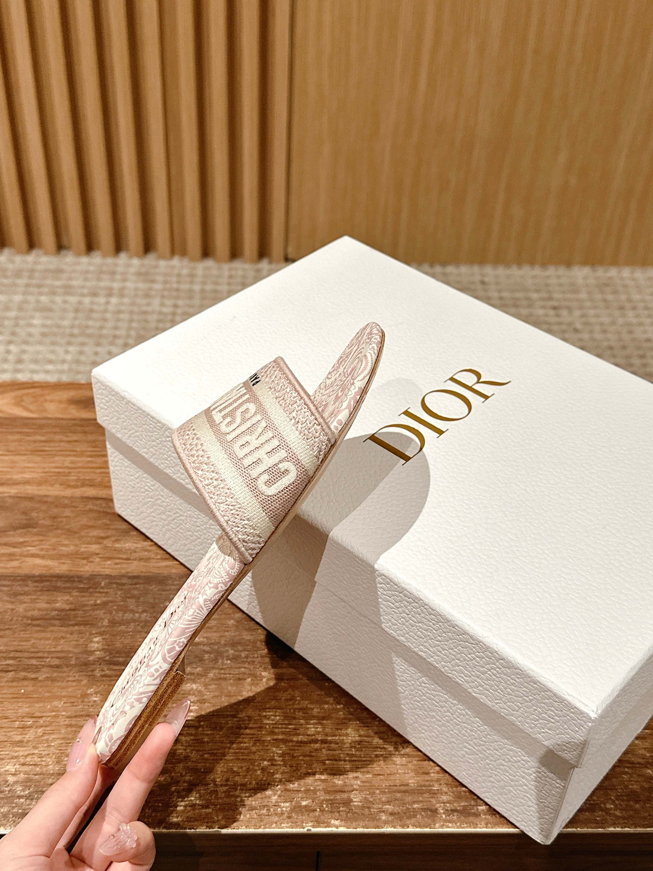 DIOR 26S D-CLUB EMBROIDERED SLIDES IN PINK TOILE DE JOUY