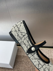 D-RAMOUR BALLET FLATS IN WHITE MIX BLACK EMBROIDERED CANNAGE TWEED