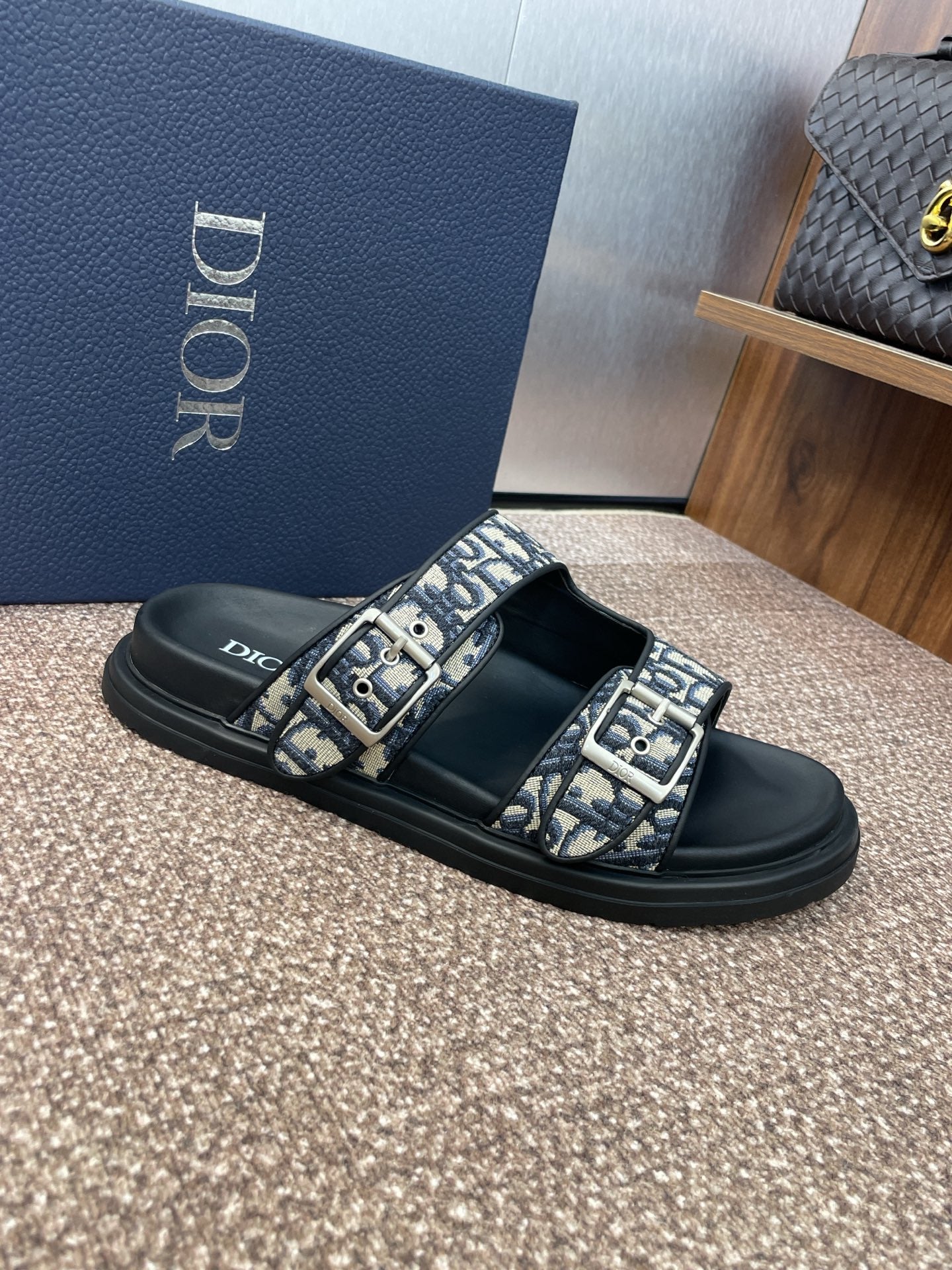 DIOR 25S DIORACT SLIDE IN DEEP BLUE CALFSKIN AND CANVAS SILVER HARDWARE