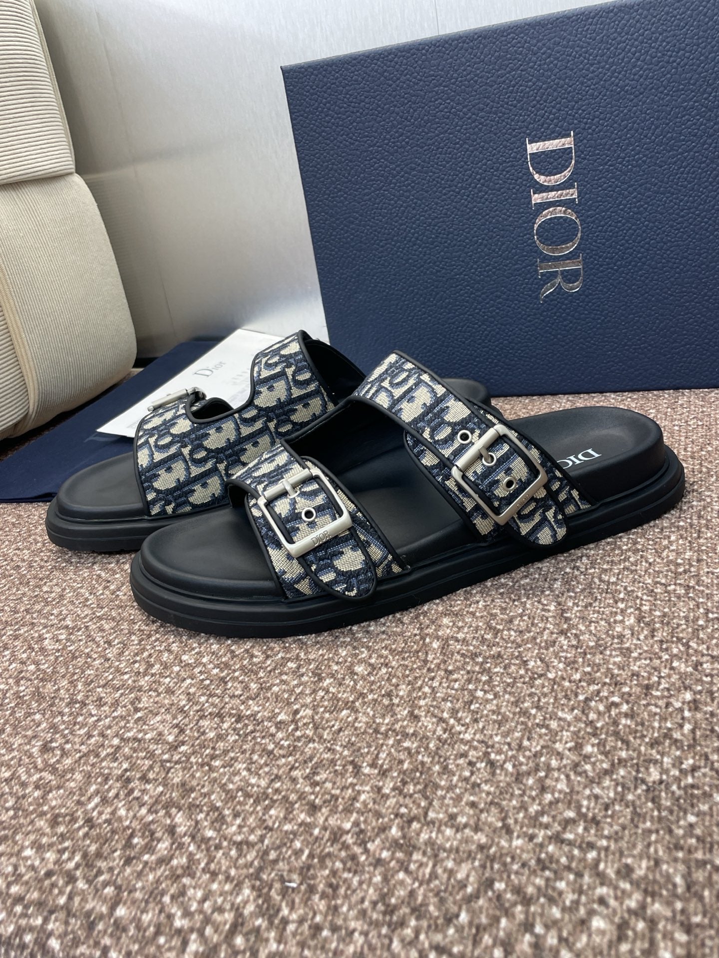 DIOR 25S DIORACT SLIDE IN DEEP BLUE CALFSKIN AND CANVAS SILVER HARDWARE